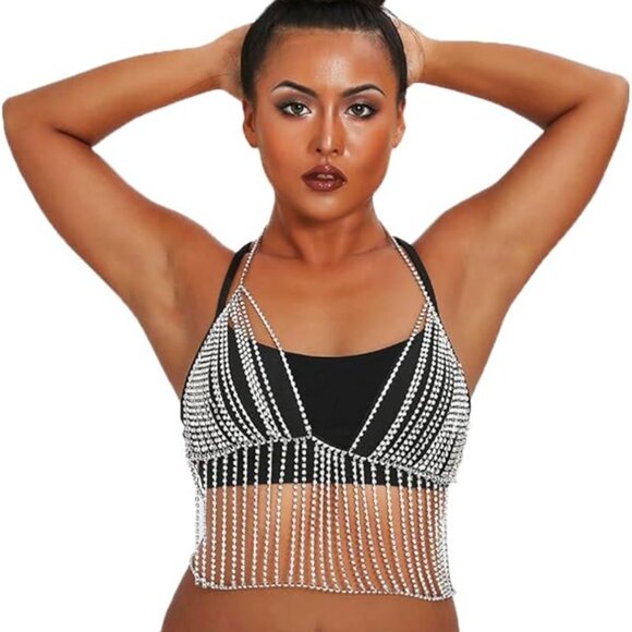 Rhinestone Body Chain Bra Silver Chain Top - Picture 5 of 5